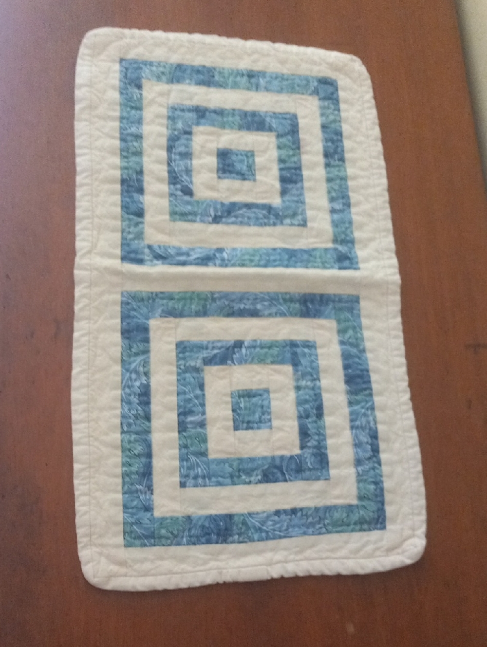 Handmade Quilted Runner in Cream and Blue Squares